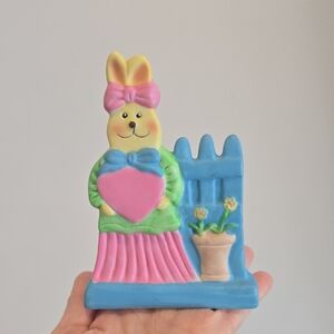 Vintage Cottagecore Cute Pastel Bunny Figurine Holding Heart Candle Holder-